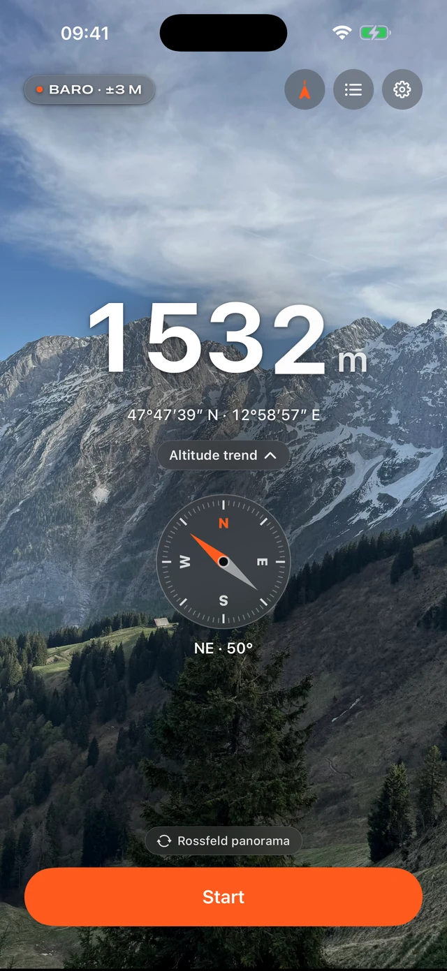 The altimeter screen with the compass shown